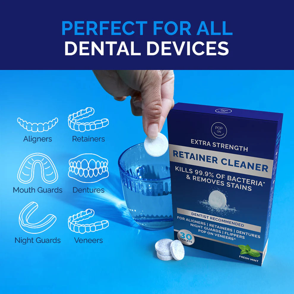Hand dropping tablet into glass, retainer cleaner box, dental device illustrations.