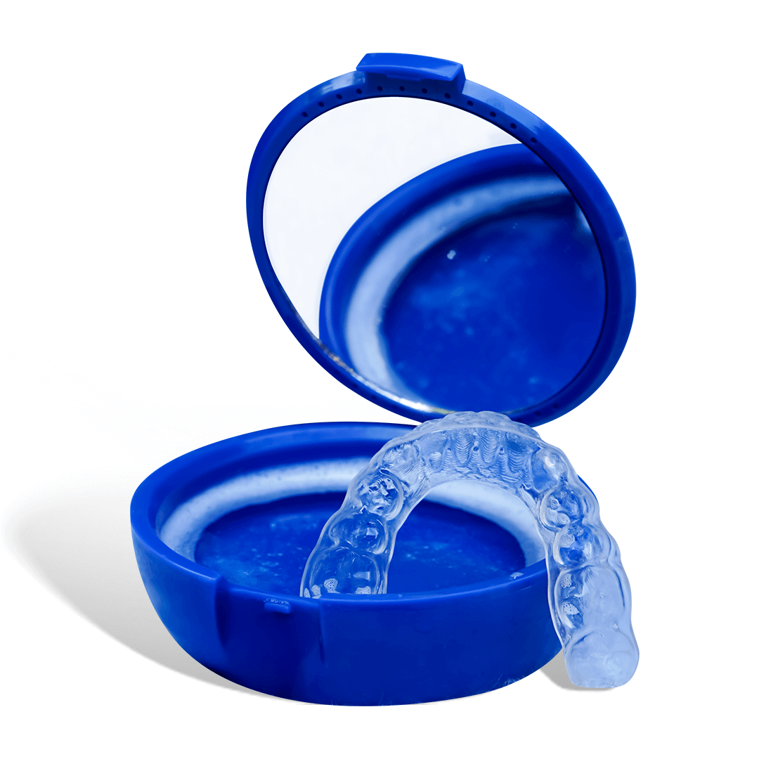 Clear dental retainer in a blue case with a mirror.
