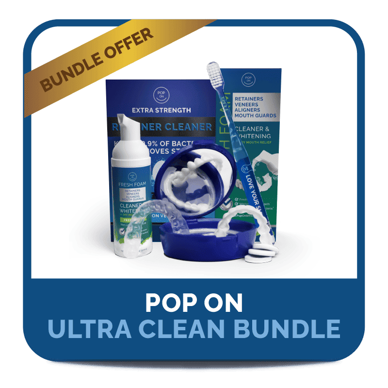 Dental cleaning bundle with foam, brush, and retainer case, labeled 'Bundle Offer.'