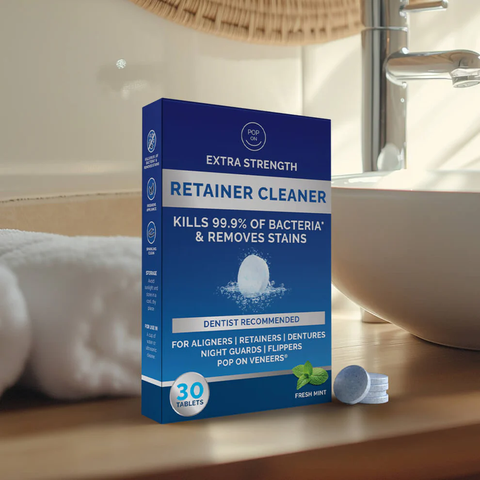 Box of retainer cleaner tablets on a bathroom counter.