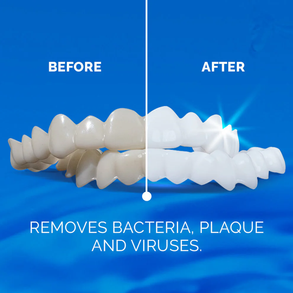 Comparison of dental models labeled 'Before' and 'After' with text about bacteria removal.