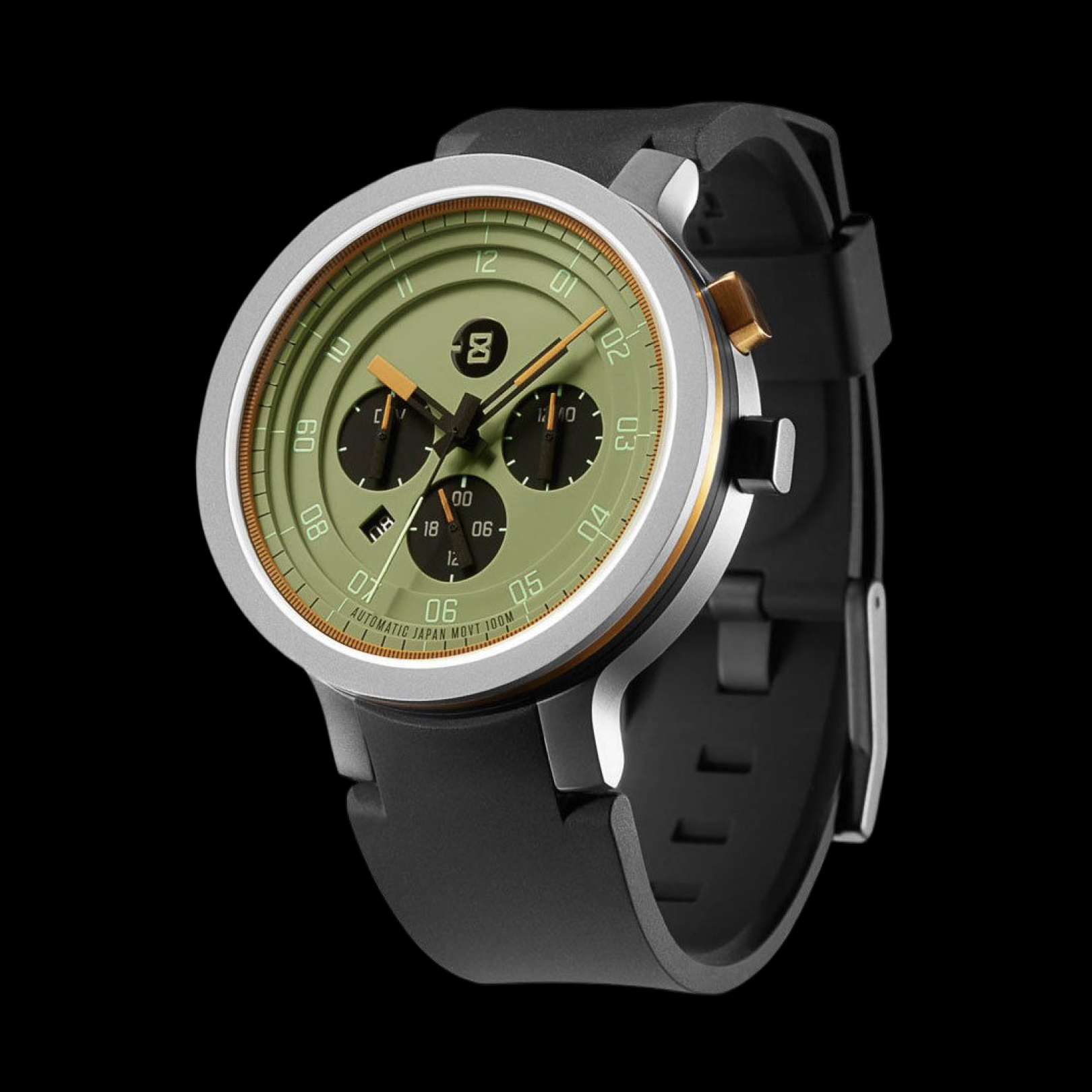 A silver chronograph watch with a green dial, orange accents, and a black rubber strap against a black background.