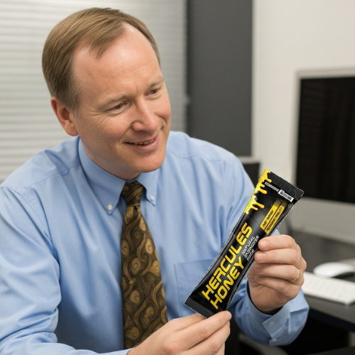 Man in blue shirt holding Hercules Honey stick.