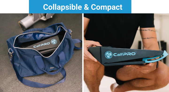 Compact CalfPRO device shown in a bag and held by a person, emphasizing its portability.