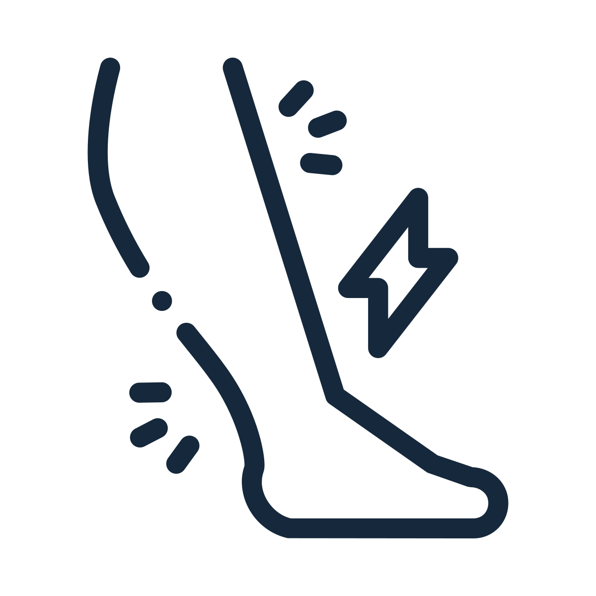 Icon of leg with muscle pain symbol.