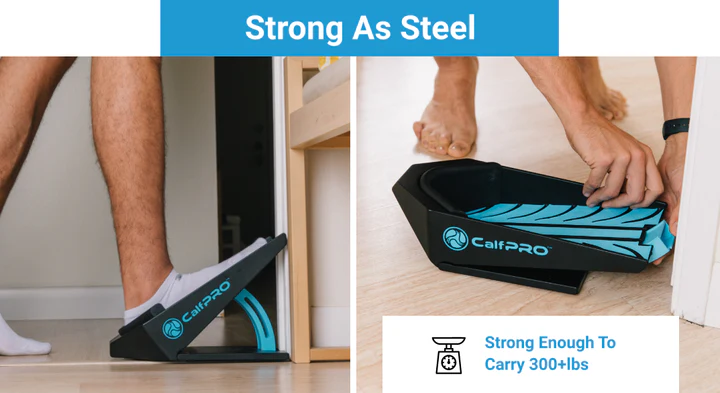 Foot using CalfPRO to stretch against a wall; advertised as strong and durable.