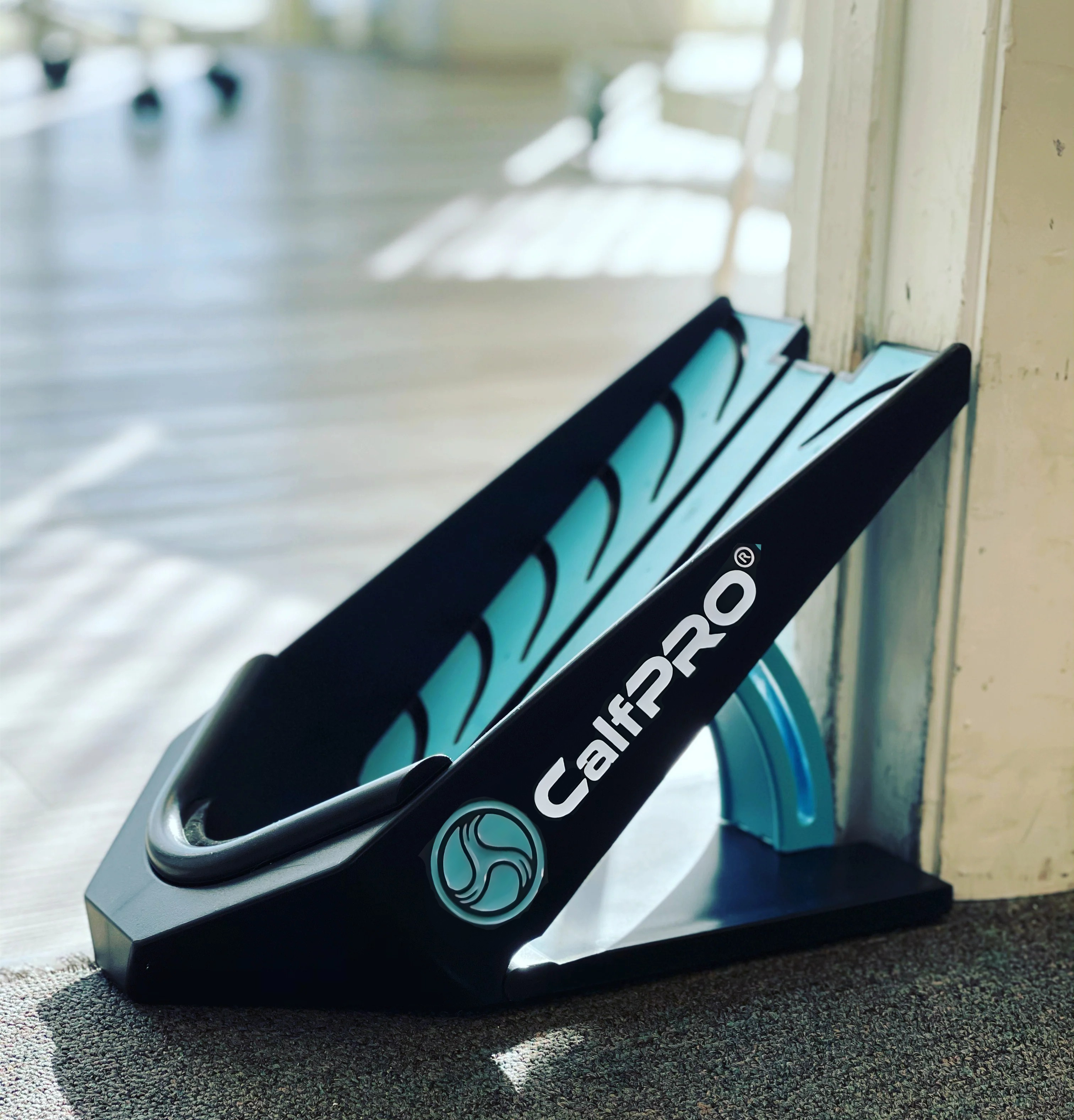 CalfPRO exercise device against a wall on a carpeted floor.