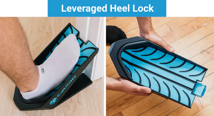 Foot being placed in a shoe fitting device with leveraged heel lock features.