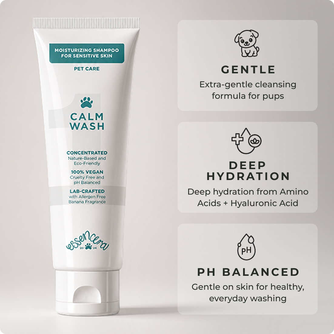 A tube of Calm Wash pet shampoo with callouts for gentle, hydrating, and pH-balanced features.