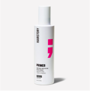 Hair product bottle labeled 'Primer' with pink design and white background.