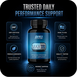 A bottle of BMB Nutrition's MAX ON supplement surrounded by icons highlighting its features like being GMP certified.