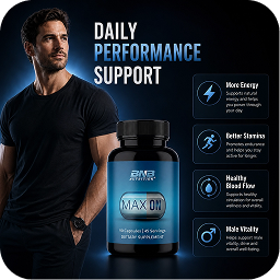Advertisement for MAX ON daily performance supplement, with a muscular man, the bottle, and listed benefits.