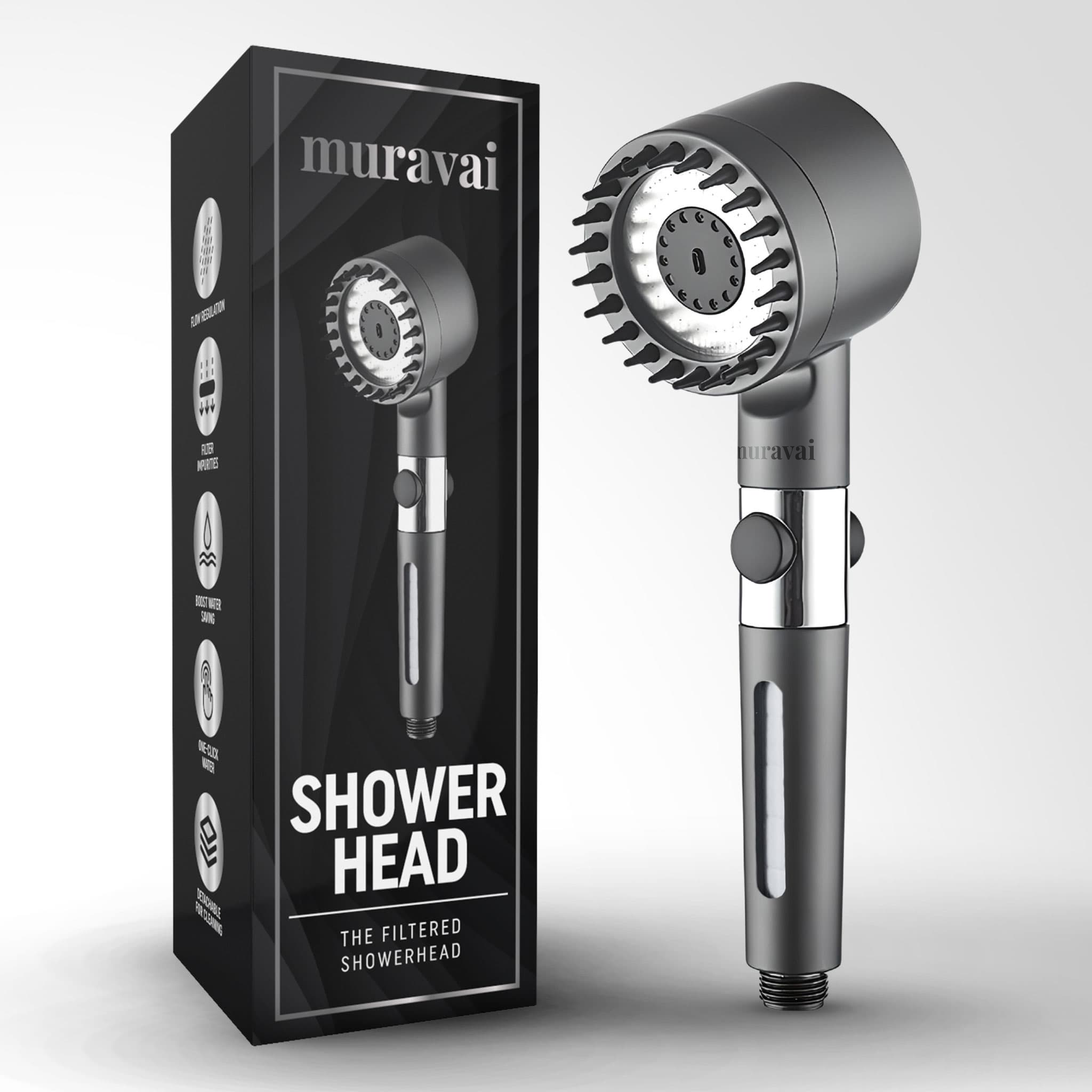 Showerhead beside its box displaying features and brand name 'muravai'.