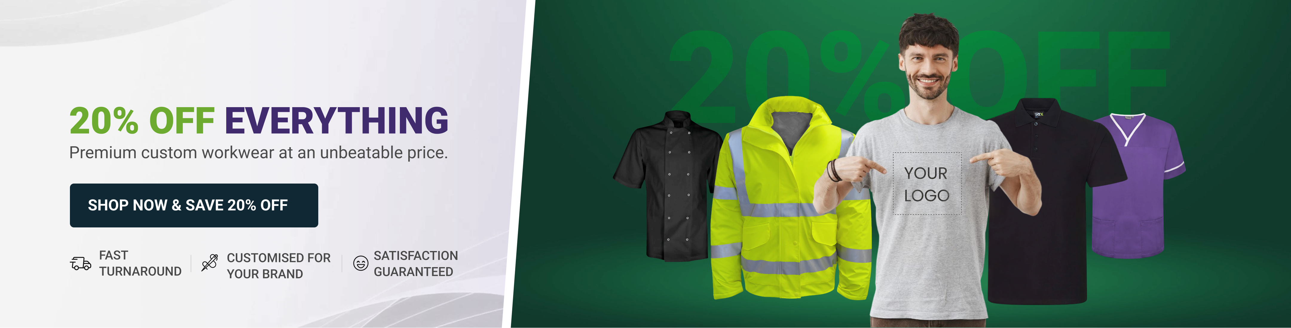 Promotional banner for 20% off custom workwear with various clothing items displayed.