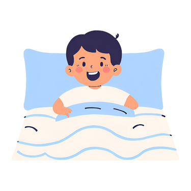Illustration of a smiling child sitting up in bed with a blue pillow.