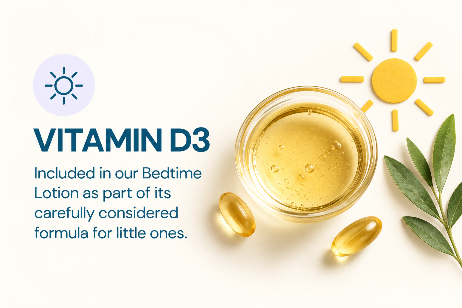 Promotional image for Vitamin D3 with a bowl of oil, gel capsules, a sun graphic, and leaves.