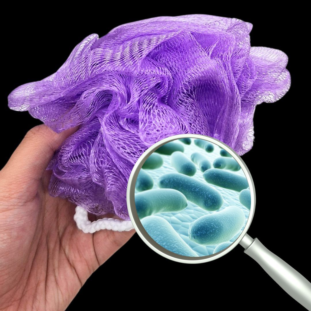 Hand holding a purple bath sponge with magnified bacteria illustration.