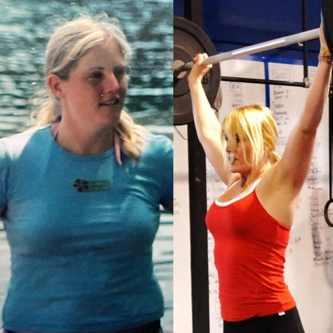 Two images of a woman: one outdoors in water, another lifting weights indoors.