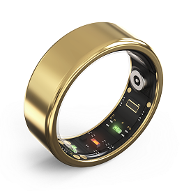 Gold smart ring with visible internal sensors and components.