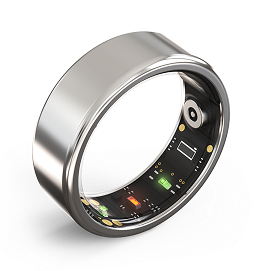 A metallic smart ring with visible electronic components inside.
