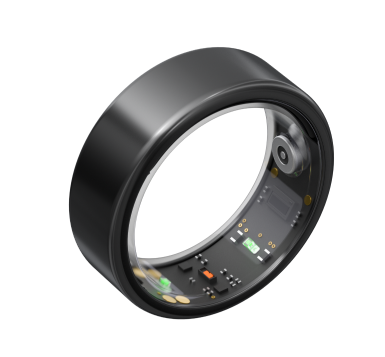 Black electronic ring with visible internal components and sensors.