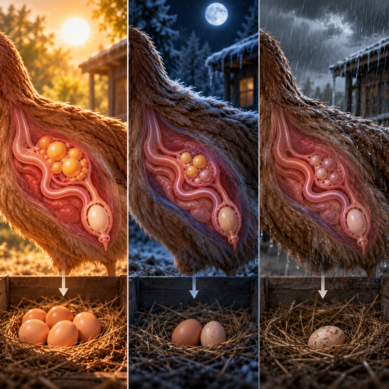 A triptych showing a cutaway of a hen's reproductive system and egg output during sunny, snowy, and rainy conditions.