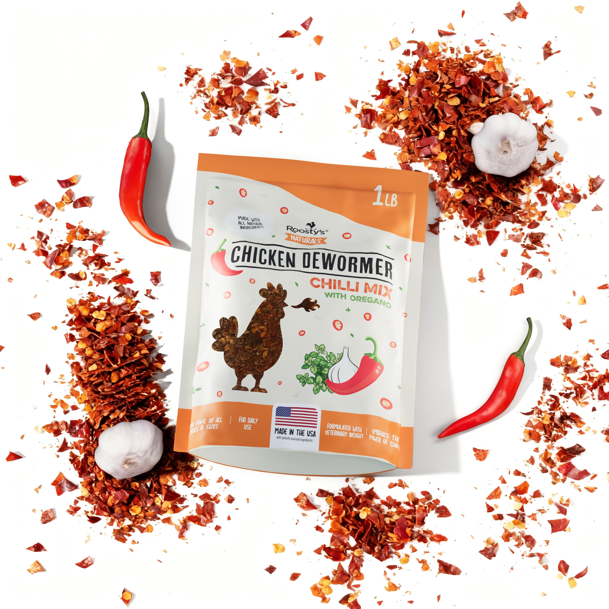 Package of chicken dewormer with chili peppers and garlic on a white background.