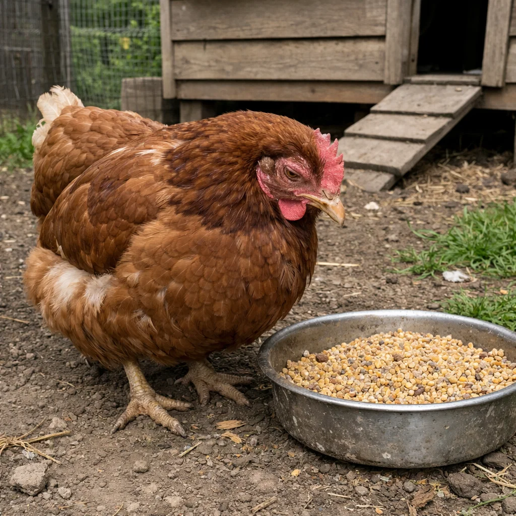 A brown chicken stands on the ground next to a metal bowl filled with corn and other grains.