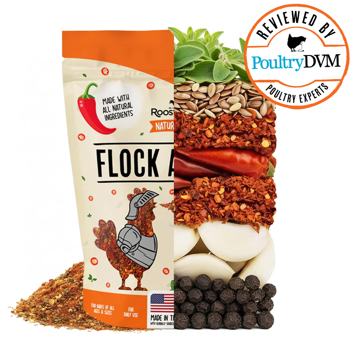 A pouch of Flock poultry supplement next to a vertical stack of its natural ingredients like chili and garlic.