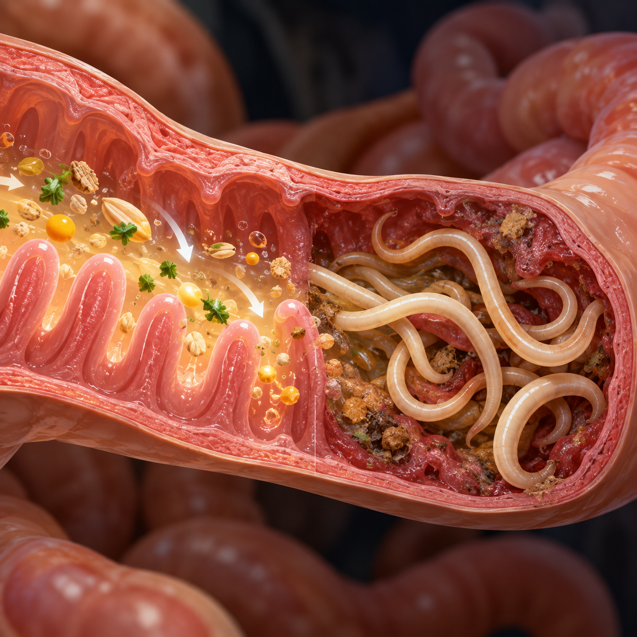 Medical illustration showing a cross-section of an intestine, half healthy and half infested with parasitic worms.