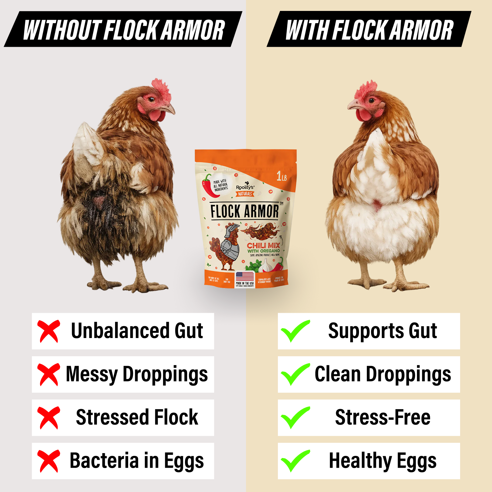 A before-and-after infographic showing a chicken's improved health and cleanliness after using Flock Armor supplement.