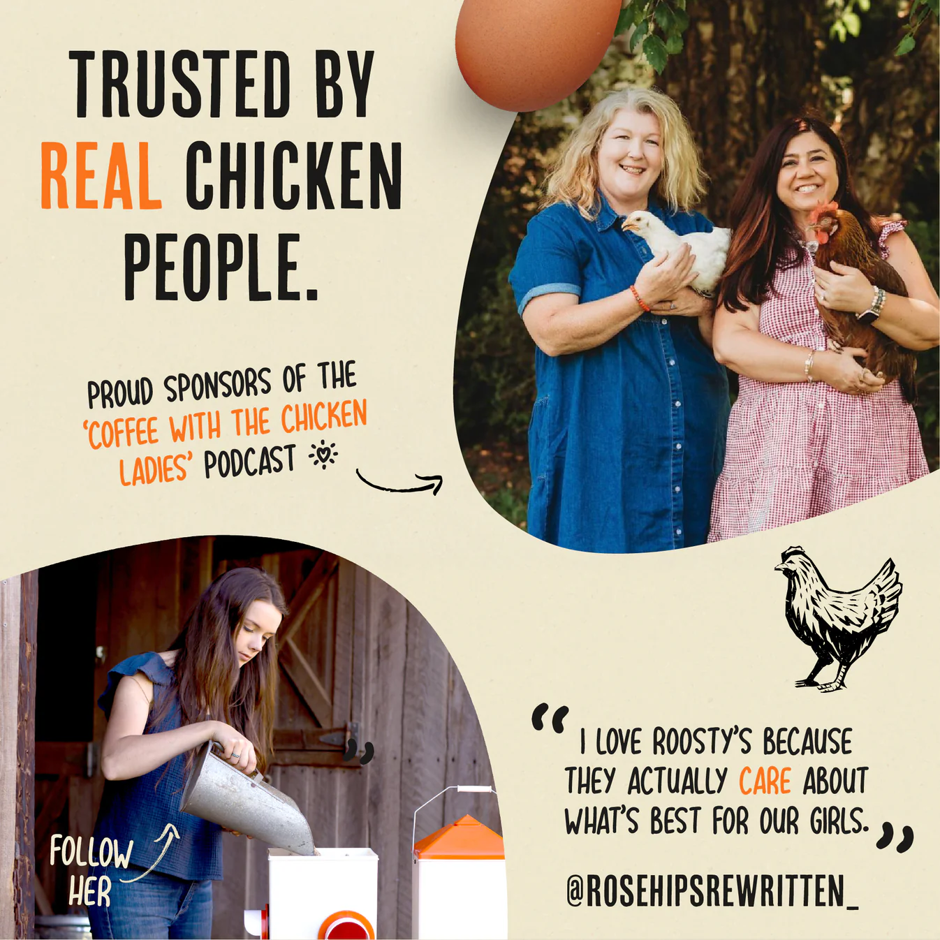 Two women holding chickens, text about a chicken podcast, and a woman pouring feed.