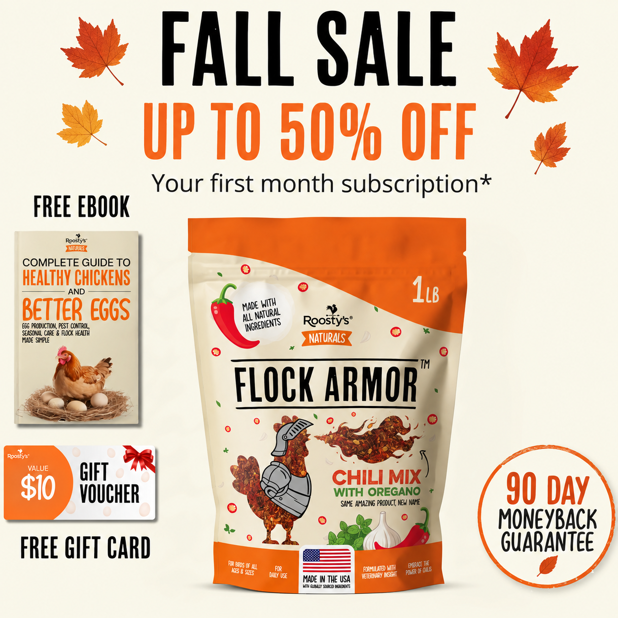 An advertisement for Roosty's Flock Armor chicken supplement, showing the product bag, a free ebook, and other offers.