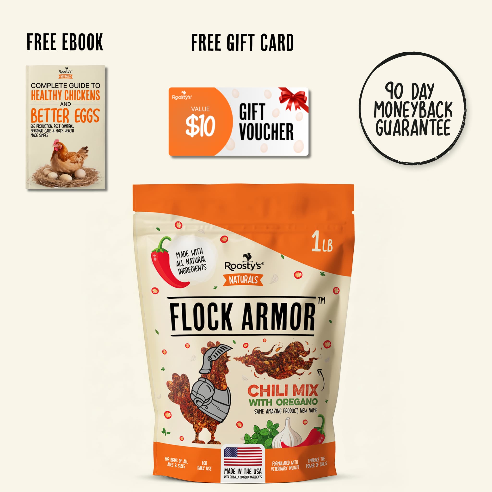 Advertisement for Flock Armor with a 50% off New Year sale, free ebook, and gift card offer.