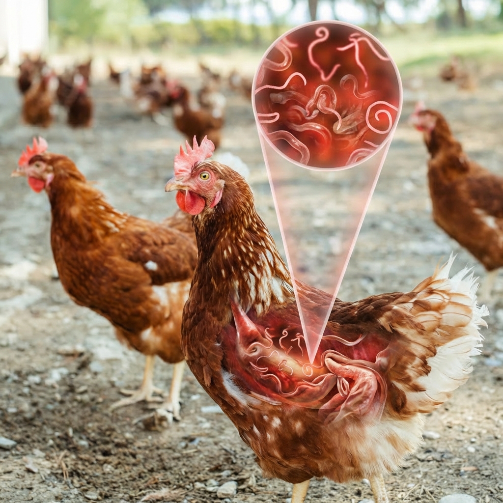 A composite image of a chicken with an inset showing parasitic worms in its intestines.