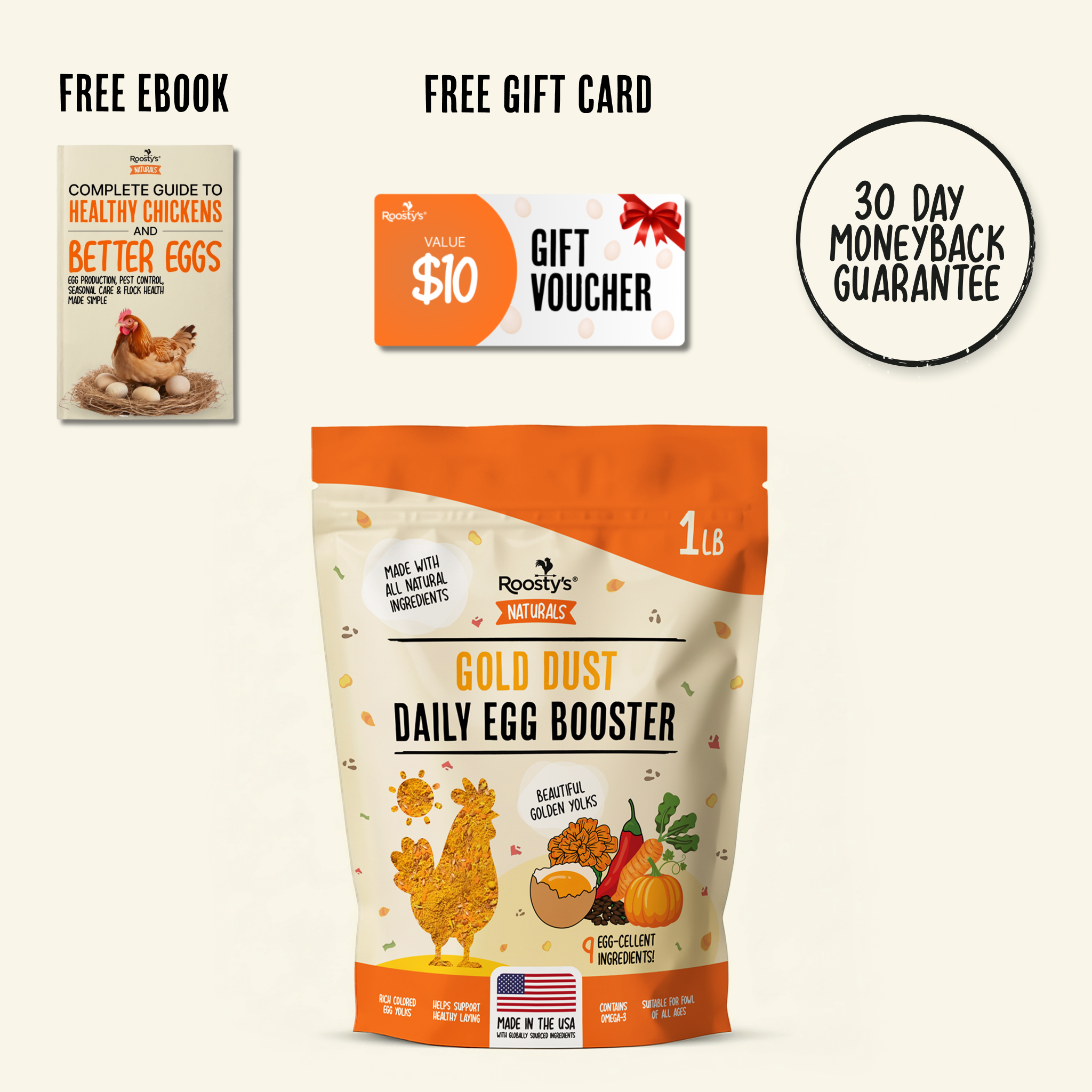 Roosty's Naturals Gold Dust Daily Egg Booster with a free ebook, gift card, and moneyback guarantee seal.