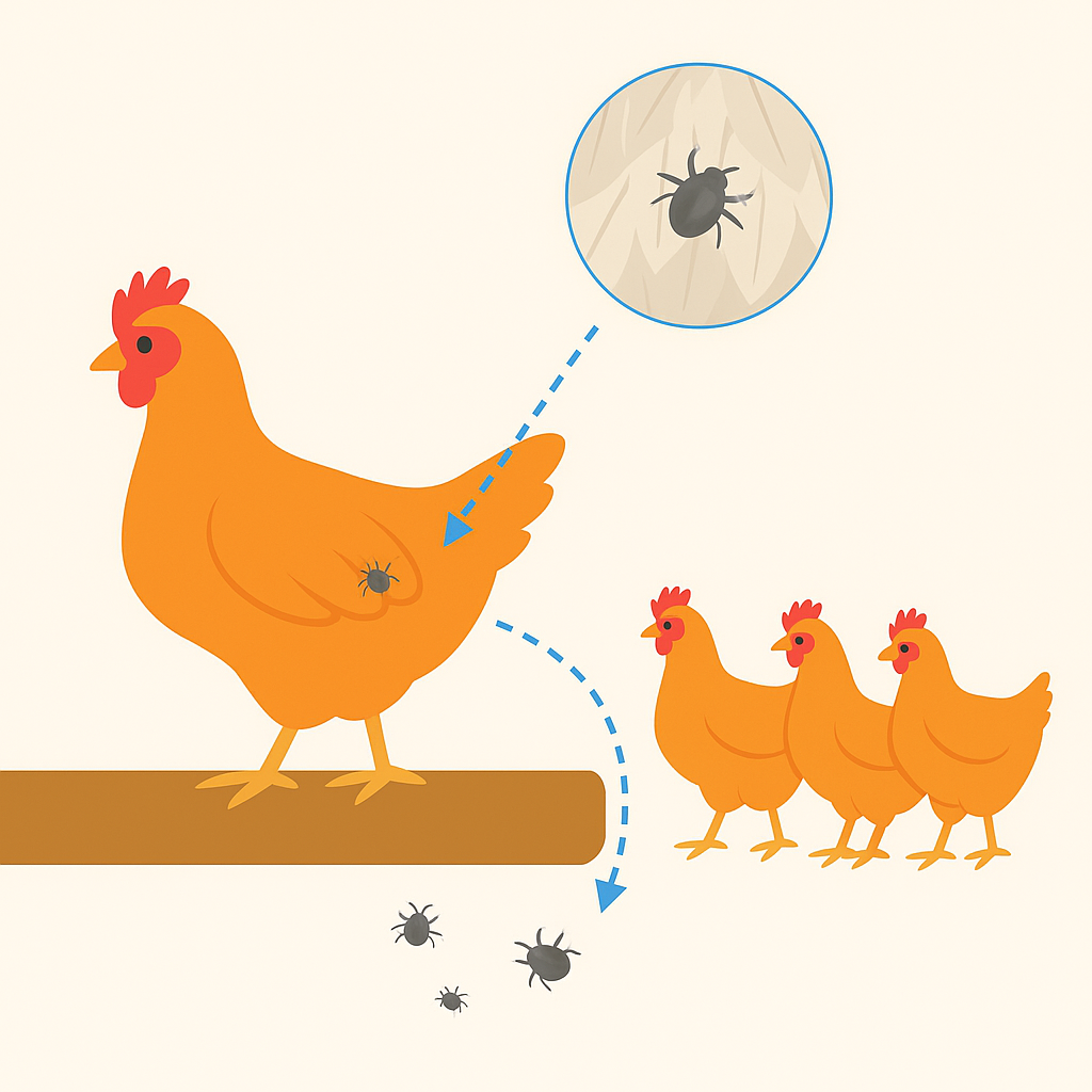 Illustration of chickens with bugs, arrows, and a close-up of a bug.