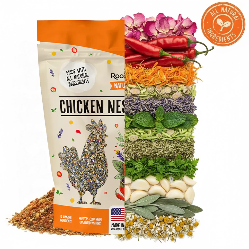 A bag of Chicken Nesting herbs next to a tall stack of its colorful, all-natural ingredients.