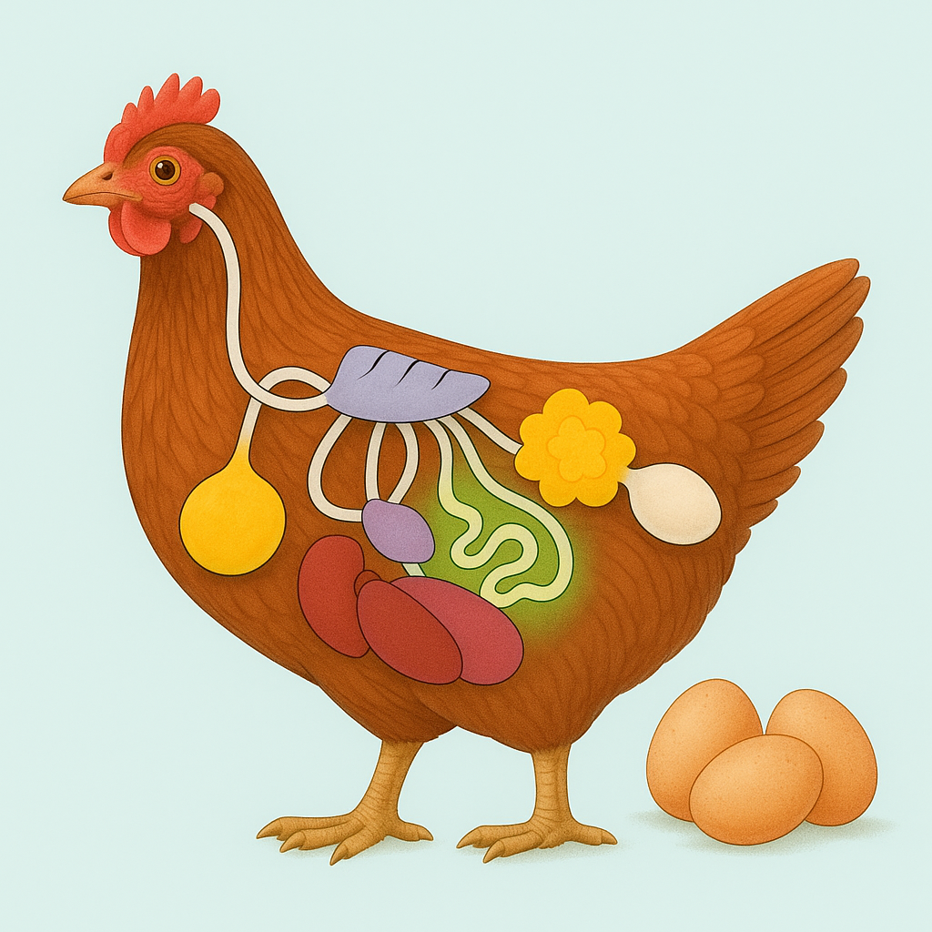 Illustration of a chicken with visible internal organs and three eggs beside it.