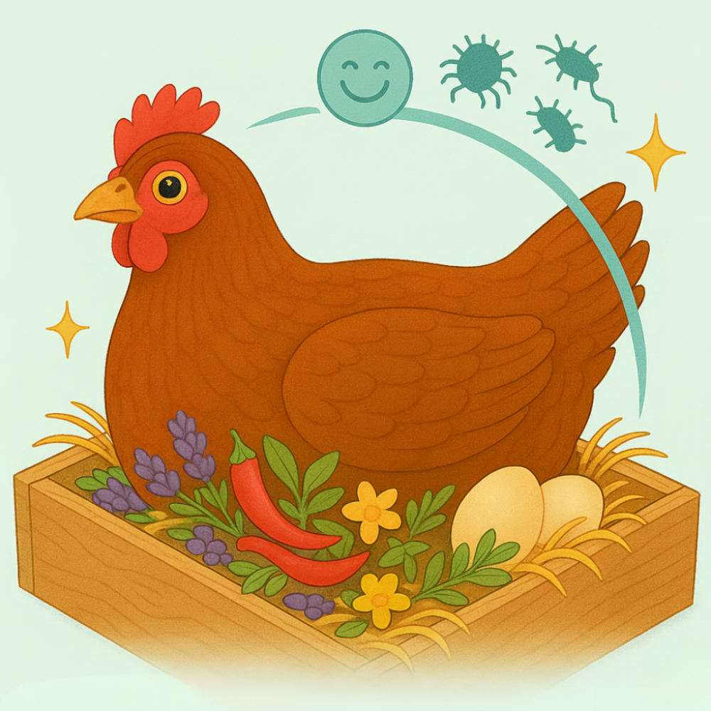 Illustration of a chicken on nest with eggs, herbs, and smiling face.