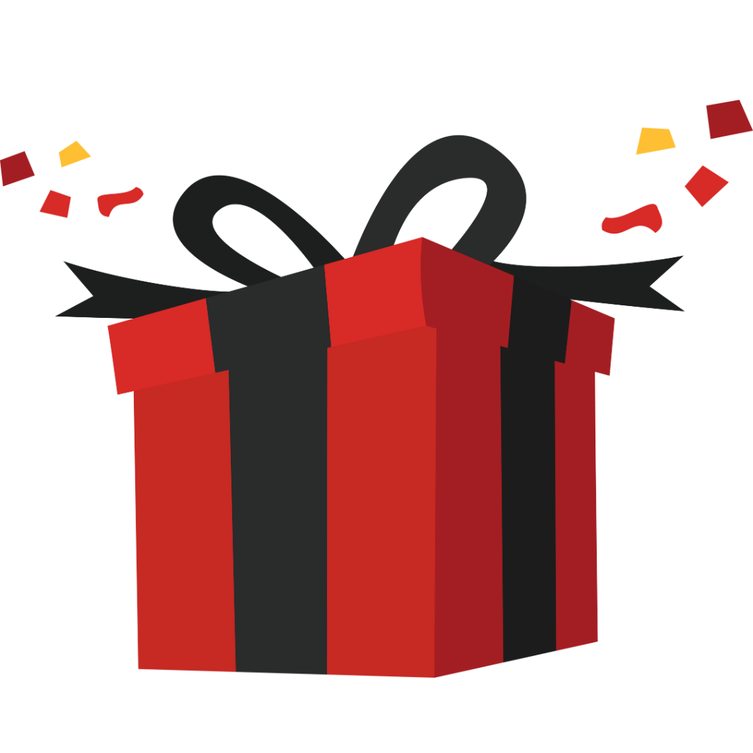 Red and black gift box with confetti.