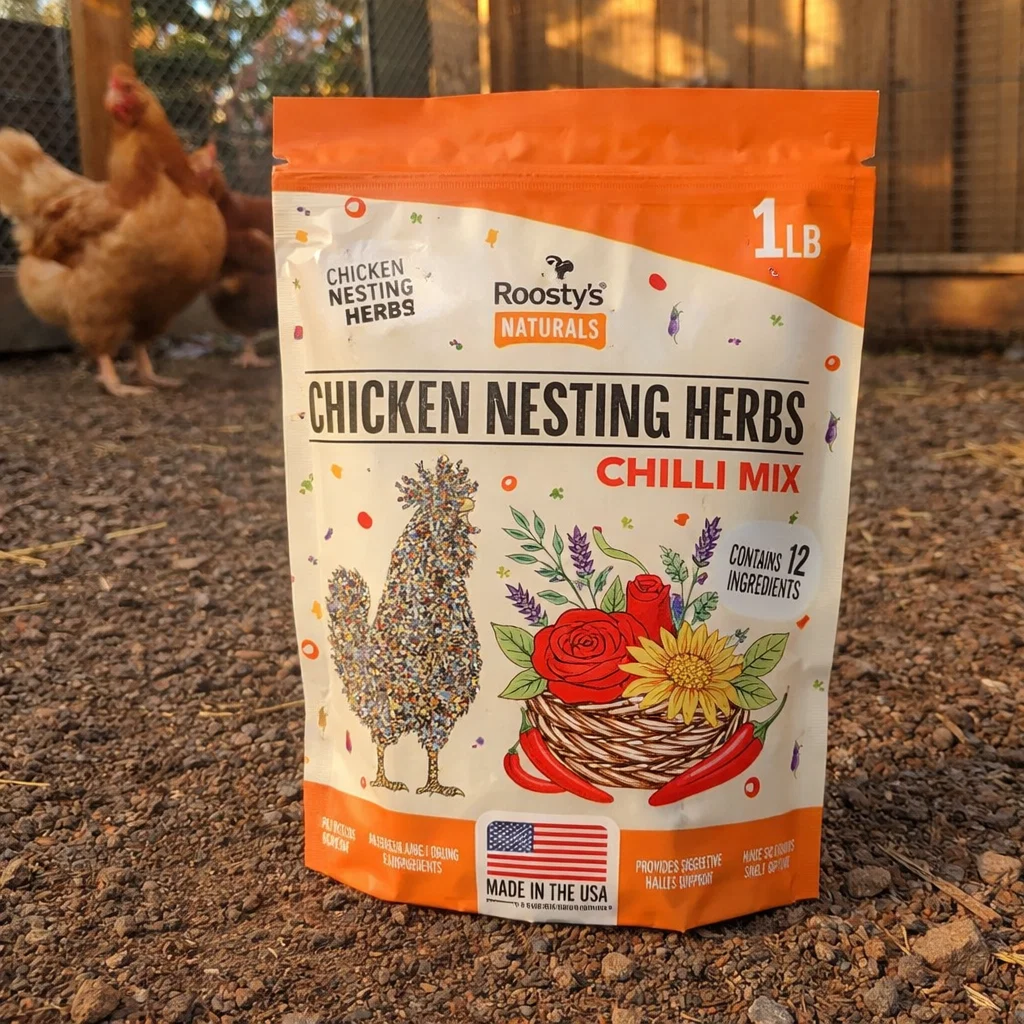 A bag of Roosty's Naturals Chicken Nesting Herbs on the ground with two chickens in the background.