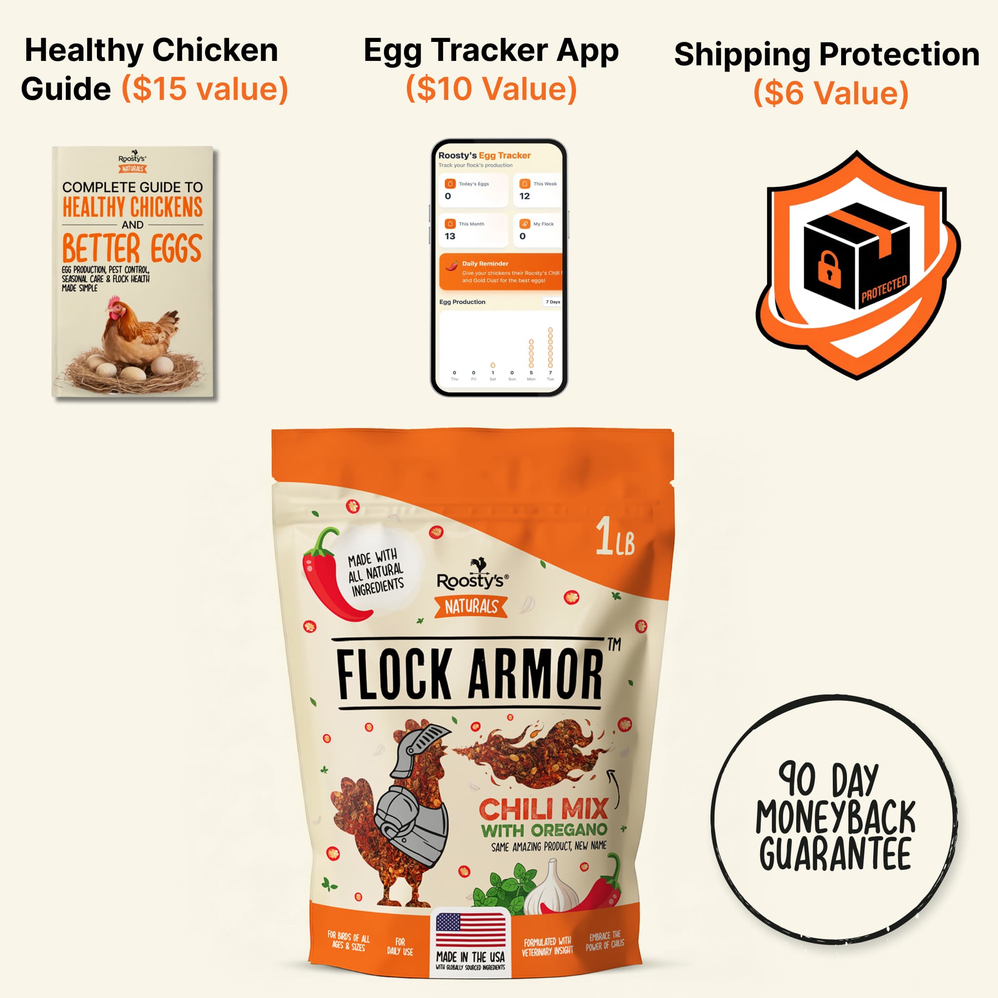 Roosty's Flock Armor chicken supplement with a free guide, app, shipping protection, and 90-day guarantee.