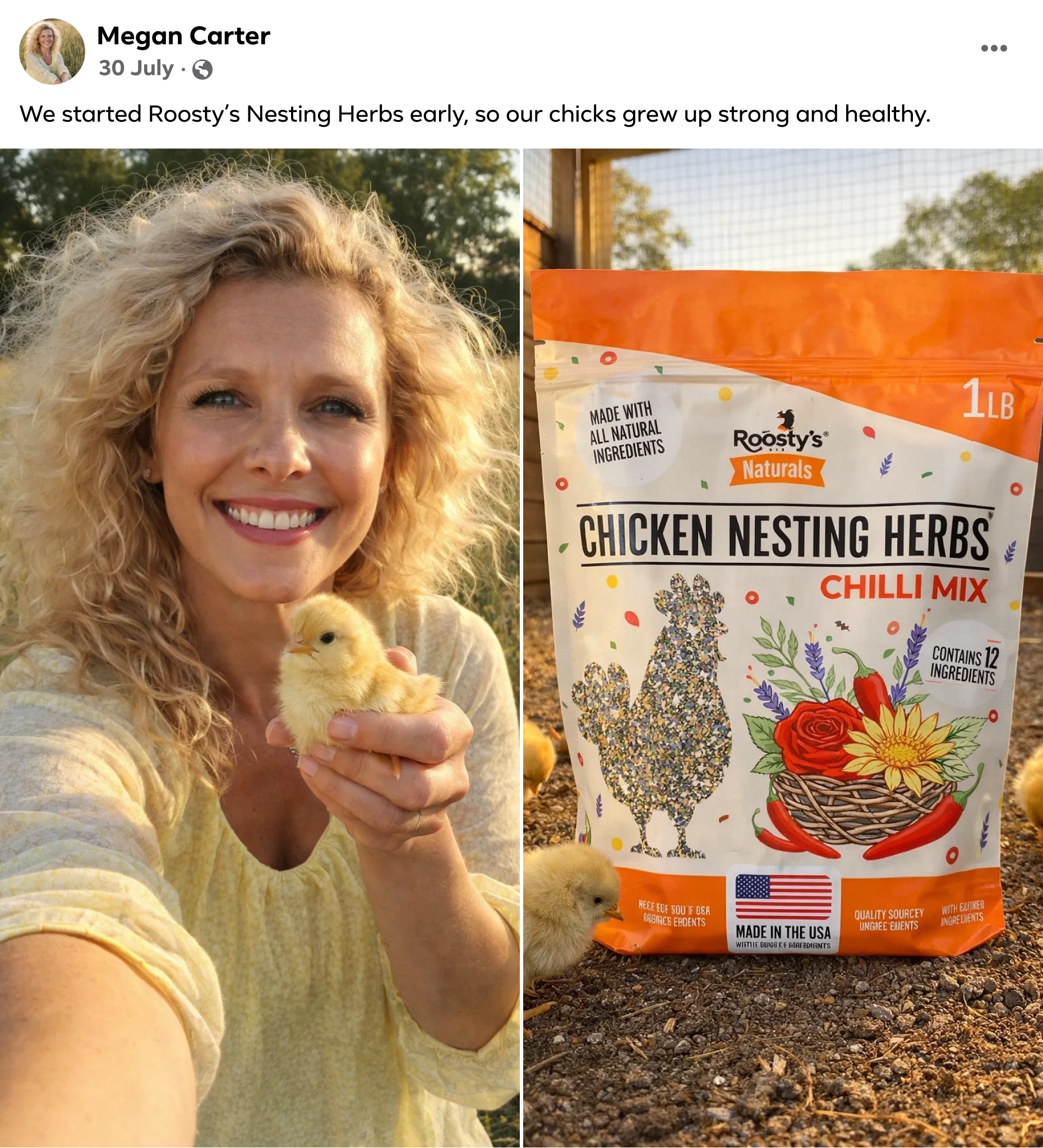 A woman holding a baby chick next to a bag of Roosty's Naturals Chicken Nesting Herbs.