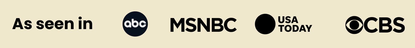 Logos of ABC, MSNBC, USA Today, and CBS with 'As seen in' text.