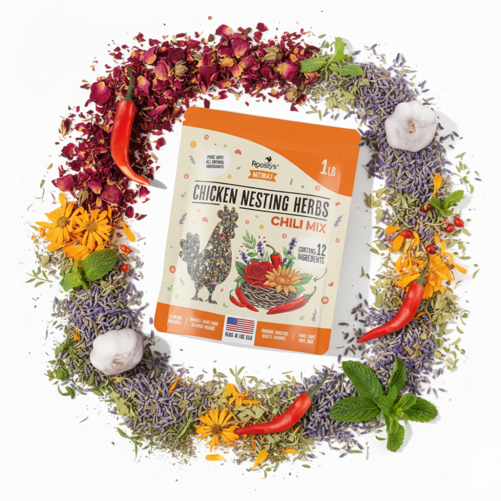Herbs and spices surrounding a packet of chicken nesting herbs chili mix.