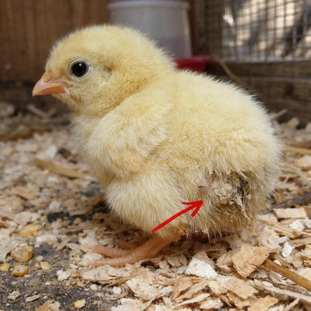 A small yellow chick with matted feces on its rear, indicated by a red arrow.