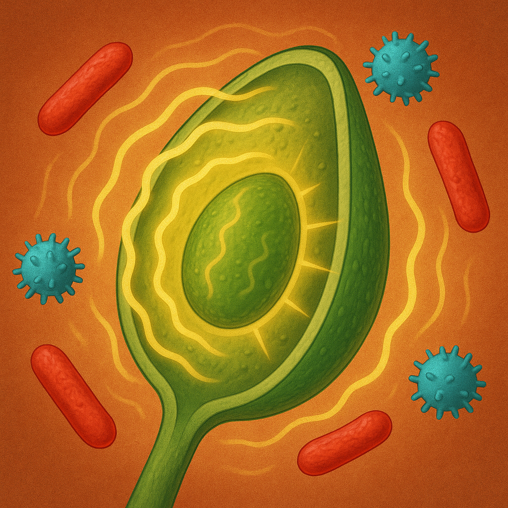Illustration of a green cellular organism surrounded by red and blue microorganisms.