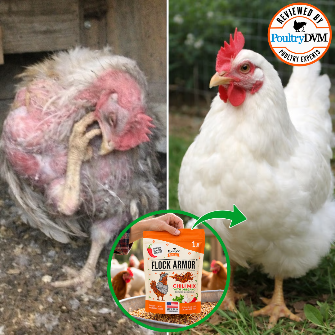 A before and after image of a chicken, transforming from sickly to healthy, with a bag of feed.