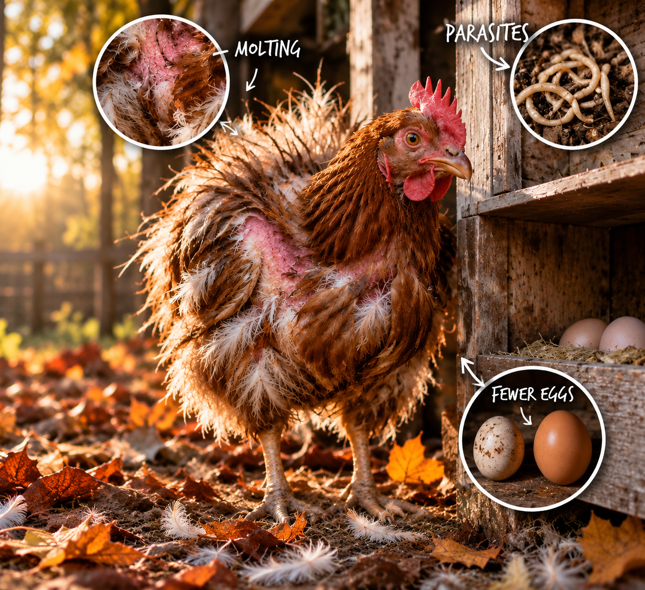 a brown chicken losing feathers in fall